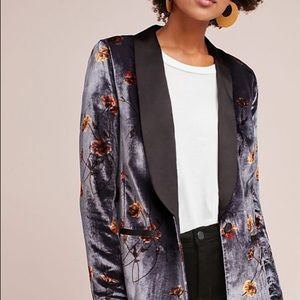 Anthropologie velvet gray floral tuxedo jacket